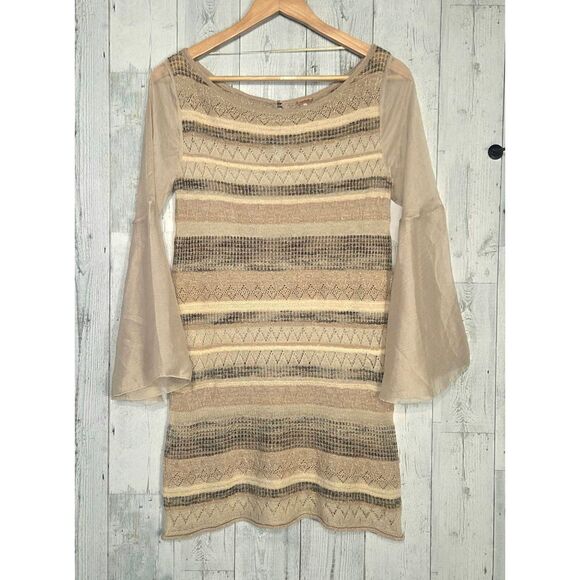 Free People Romantic Boho Holiday Fairy Open Knit Bell Sleeve Mini Dress Sz. S - Picture 1 of 8